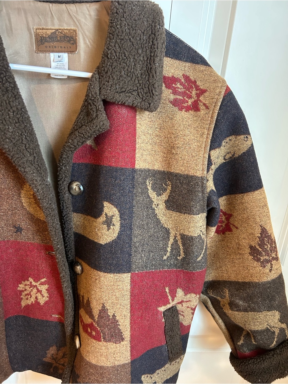 Vintage Pendleton Originals Wool Blanket Coat Fleece Trim Cabin Core Patchwork - Picture 2 of 7